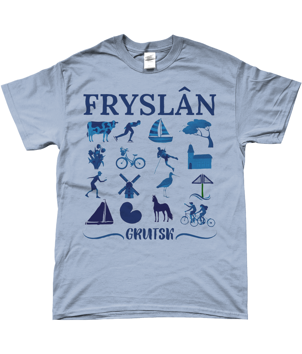 Fries T-shirt lichtblauw met Friese vlag en tekst Fryslân Grutsk