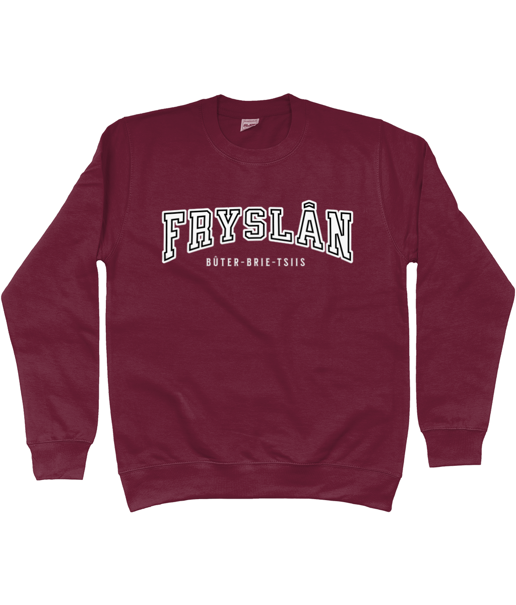 Bordeauxrode sweater met de tekst Fryslân – Bûter-Brie-Tsiis.