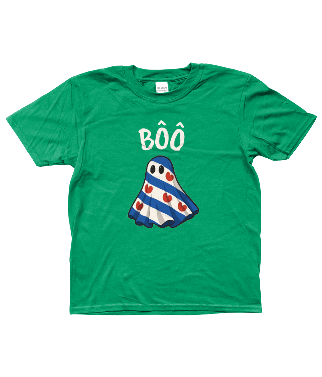 groen kinder T-shirt met Fries spookje in de Friese vlag en tekst Bôô – Halloween design