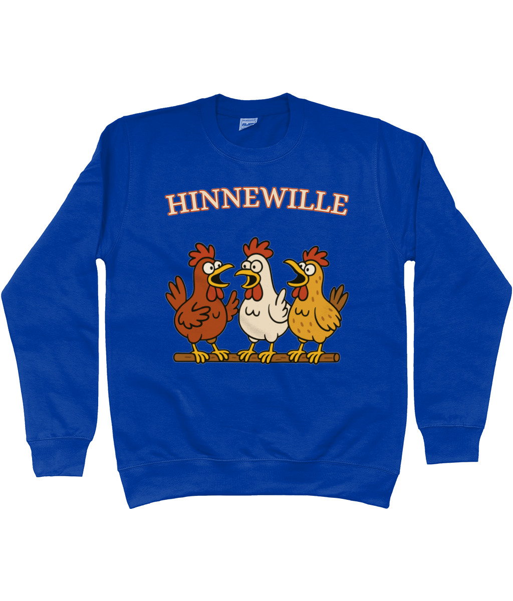 Warme sweater met vrolijk Fries design Hinnewille en drie kippen op een rij.