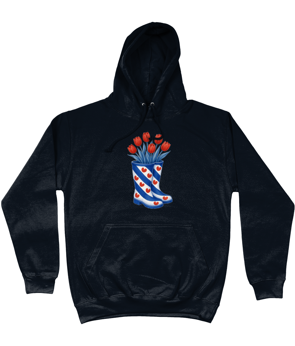 kleding met print van Friese vlag-laarzen gevuld met rode tulpen