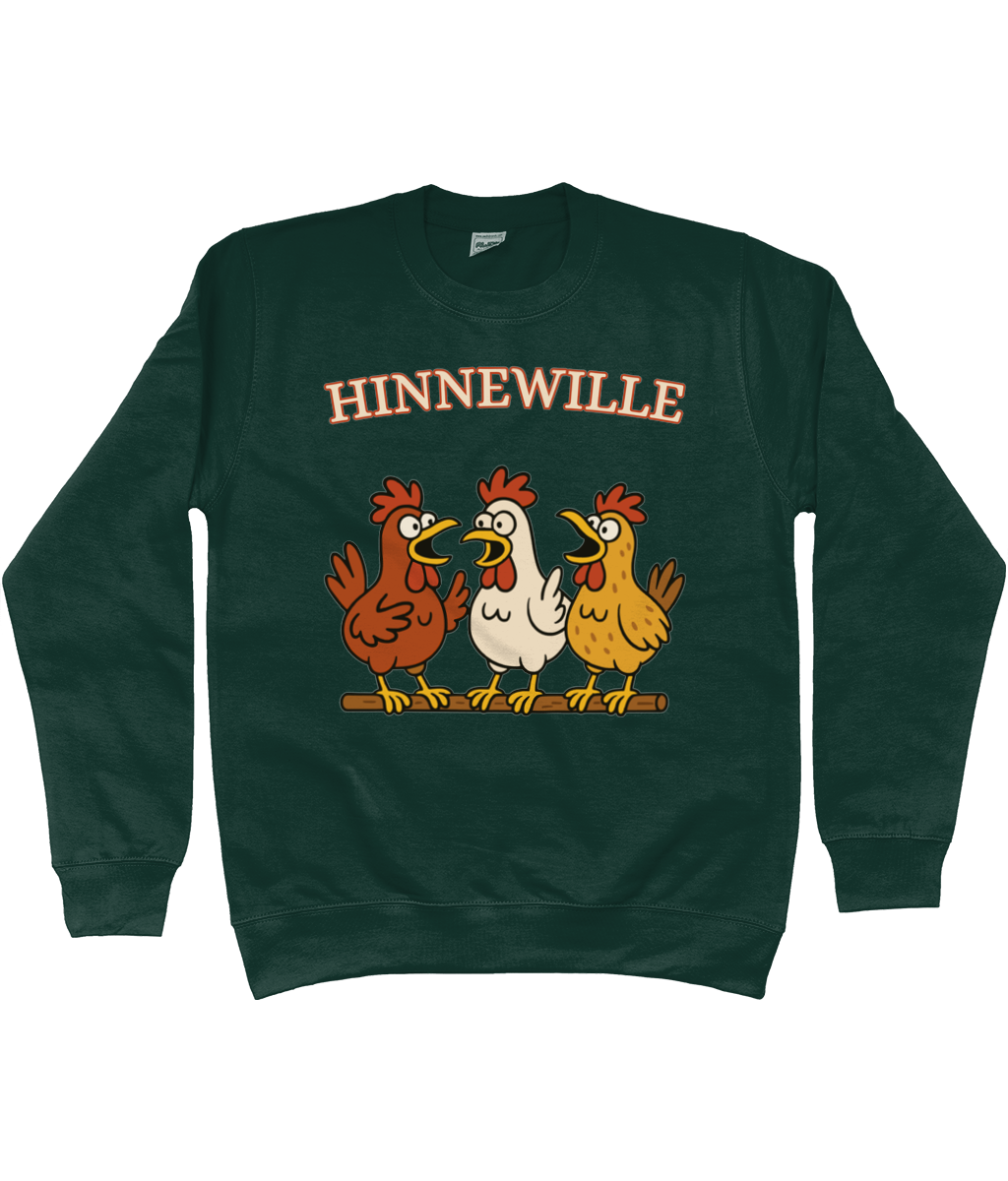 Warme sweater met vrolijk Fries design Hinnewille en drie kippen op een rij.