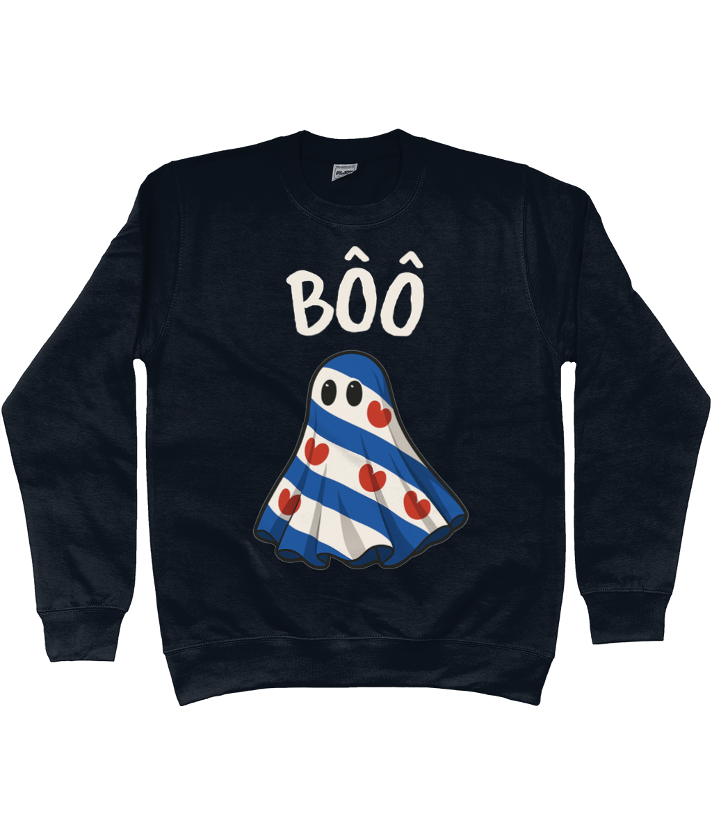 Friese sweater met spook en tekst Bôô – Halloween uit Fryslân