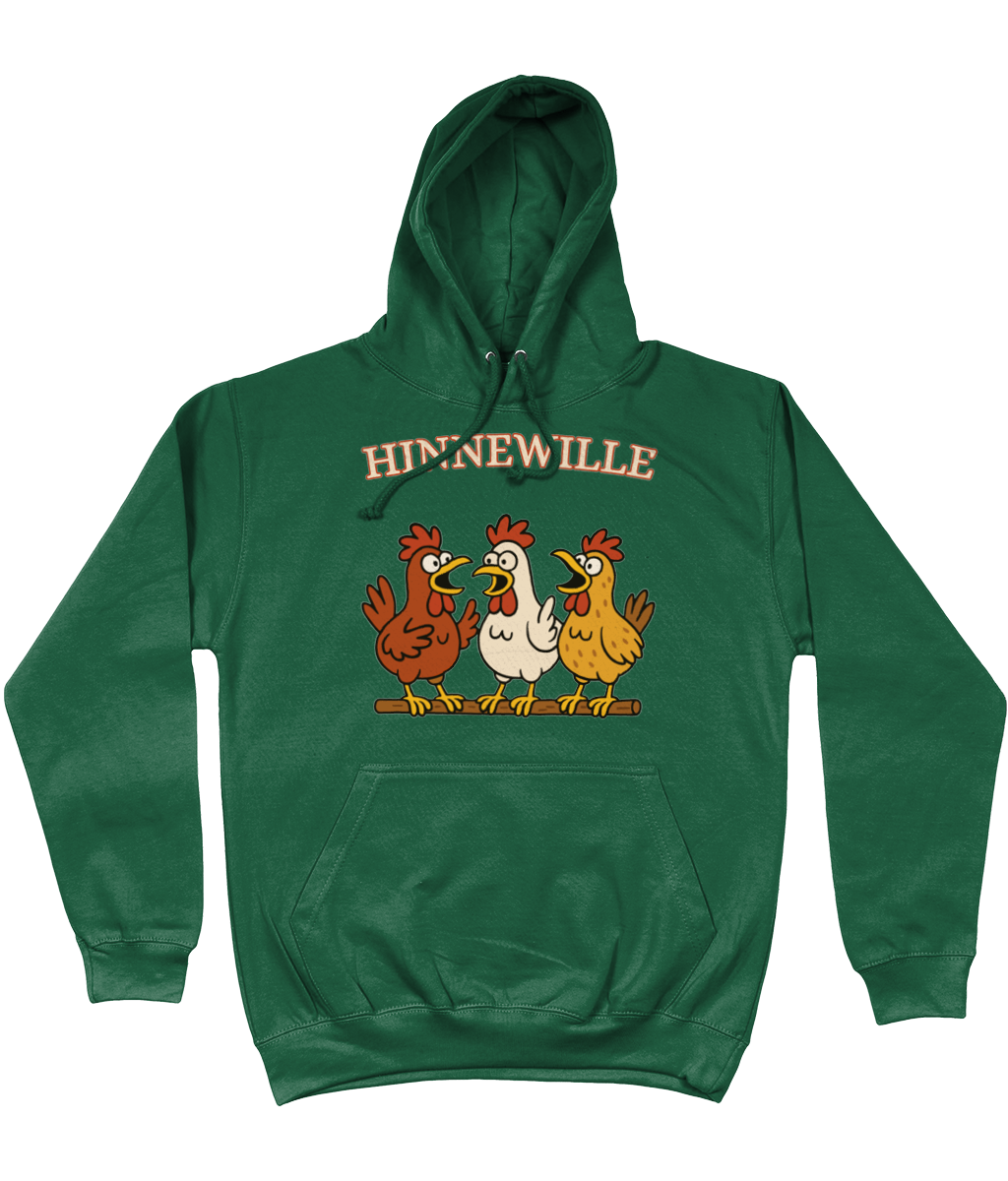 Comfy hoodie Hinnewille met cartoon kippen die gezellig kakelen.