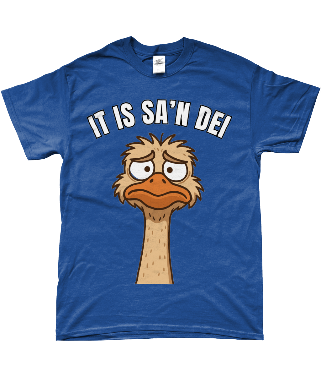 T-shirt met cartoon struisvogel en Friese tekst “It is sa’n dei” – grappig Fries design