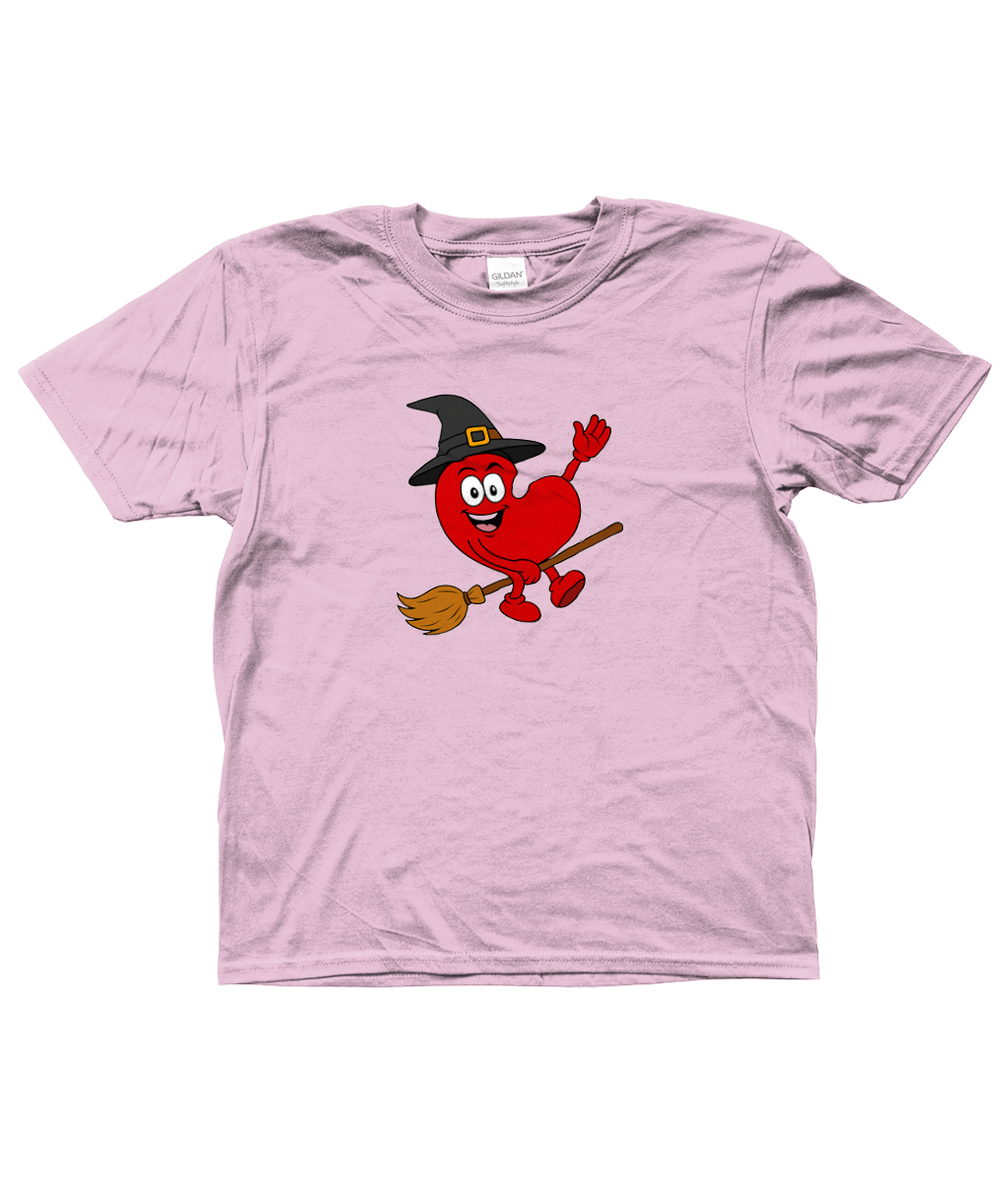 kinder T-shirt met Pompie, het Friese pompeblêd, verkleed als heks op een bezem – Halloween design