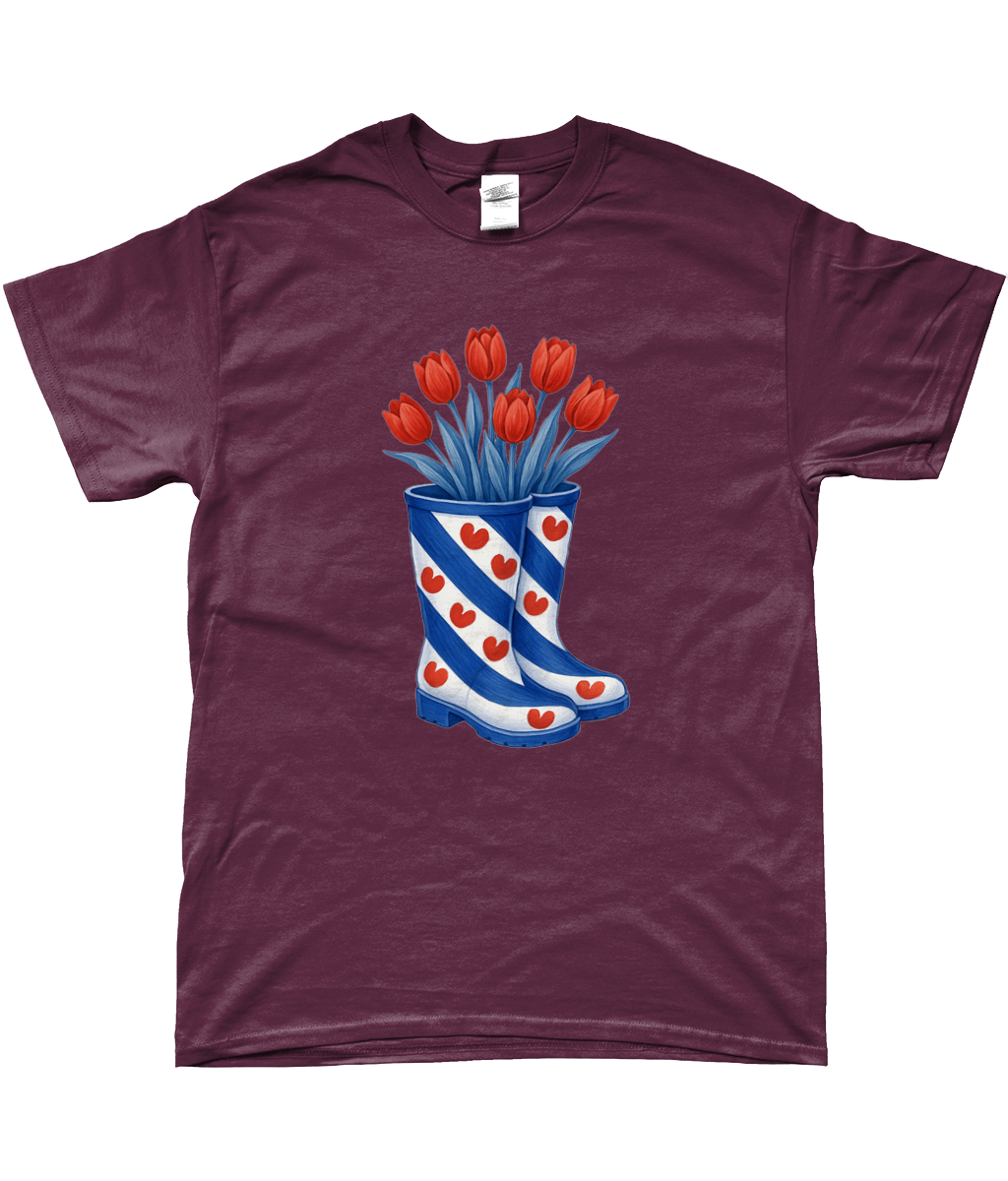kleding met print van Friese vlag-laarzen gevuld met rode tulpen