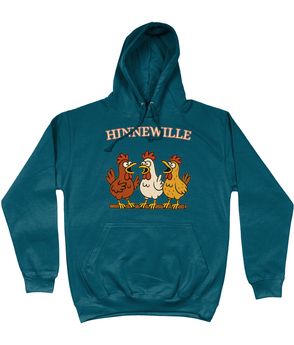 Comfy hoodie Hinnewille met cartoon kippen die gezellig kakelen.