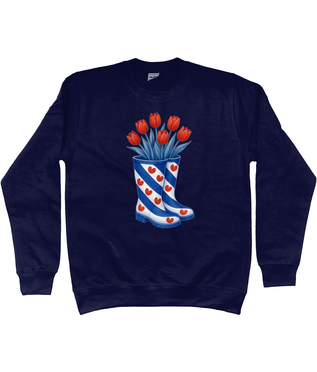 kleding met print van Friese vlag-laarzen gevuld met rode tulpen