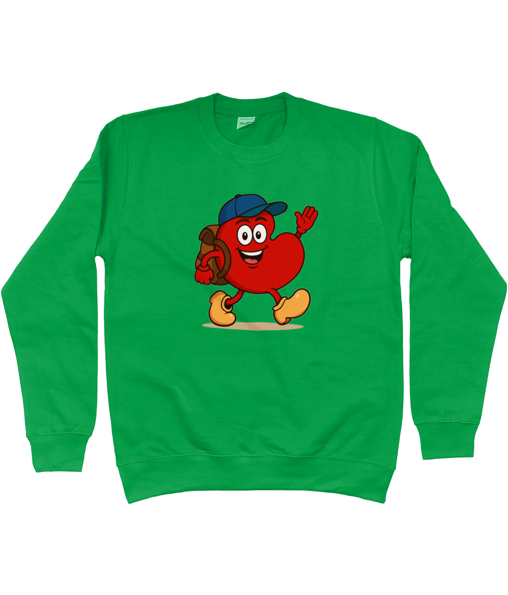Kindersweater groen met print van Pompy die wandelend op pad gaat.