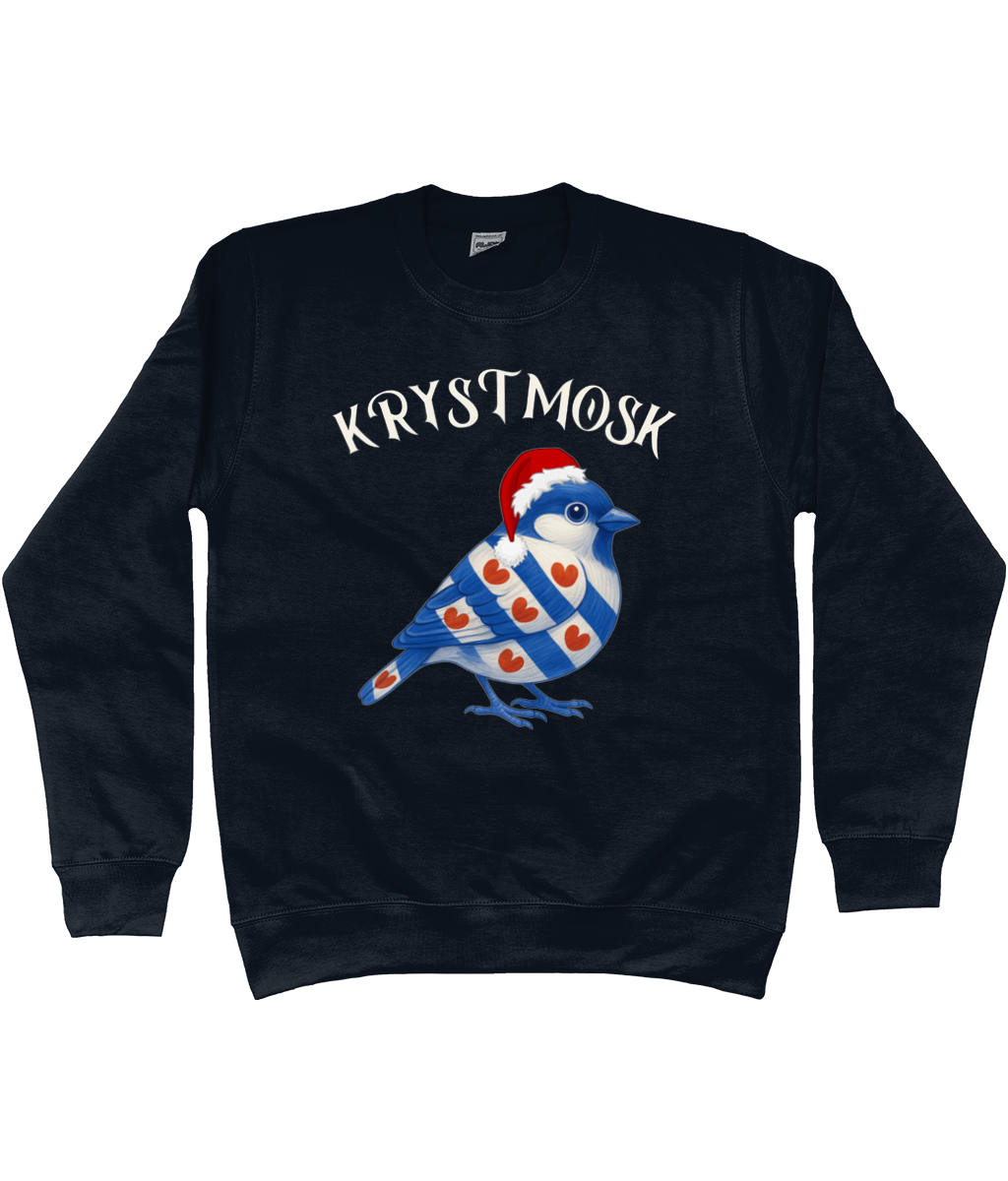 Friese kersttrui met huismus in Friese vlag-stijl en kerstmuts – Krystmosk sweater van FrieseCreaties.nl