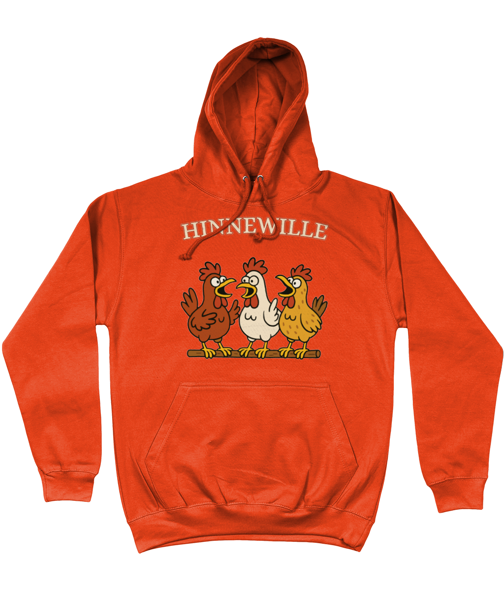 Comfy hoodie Hinnewille met cartoon kippen die gezellig kakelen.