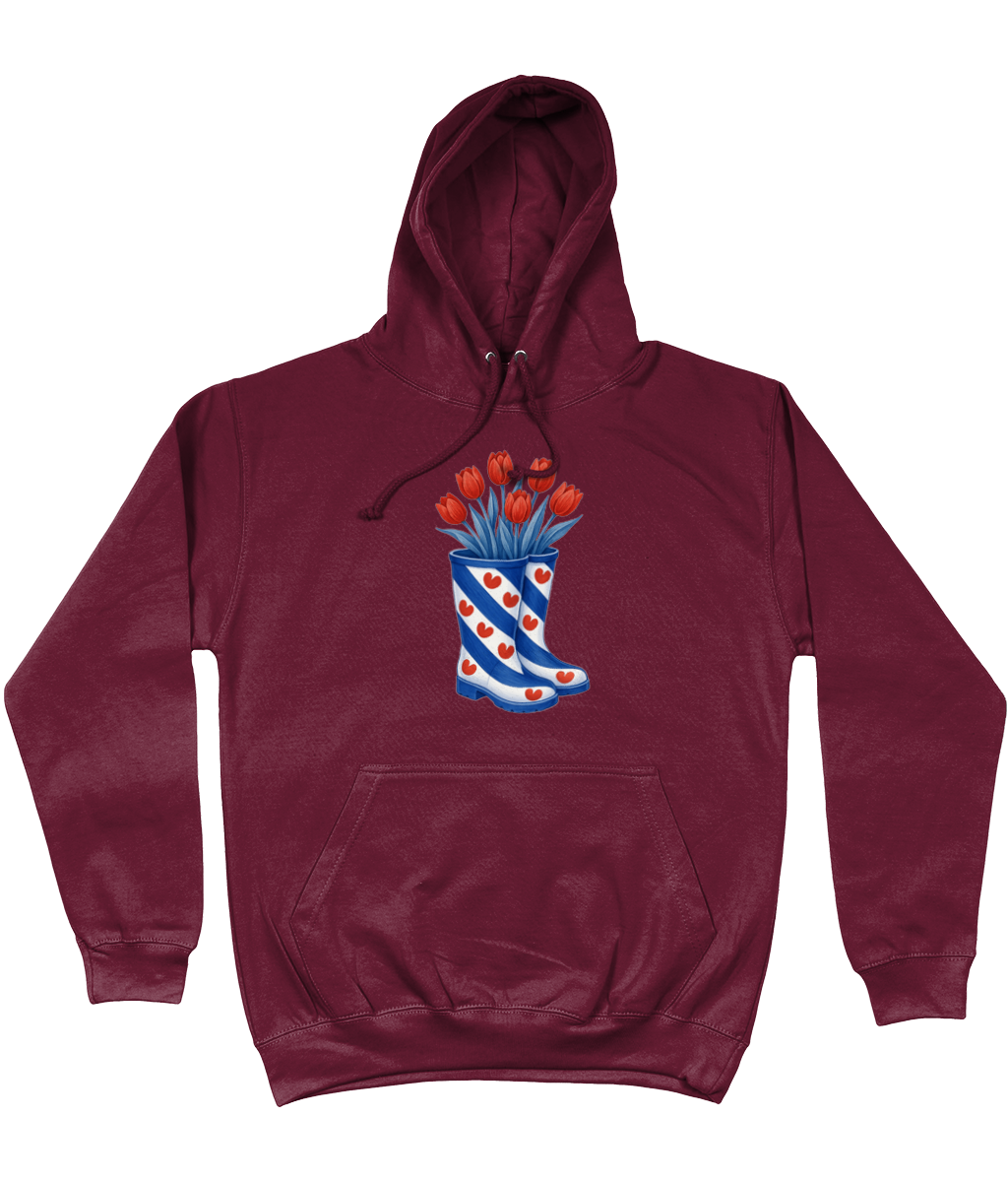 kleding met print van Friese vlag-laarzen gevuld met rode tulpen