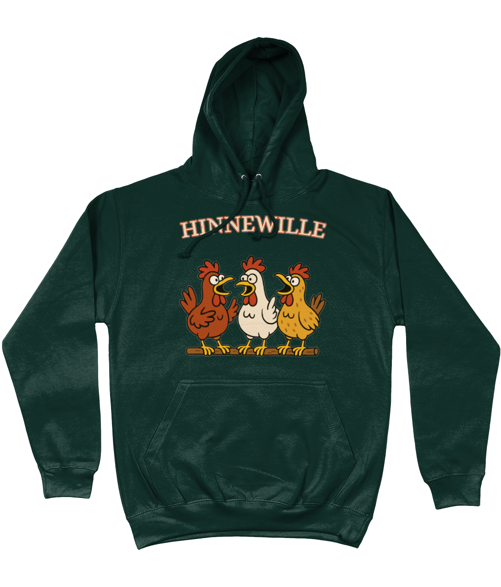 Comfy hoodie Hinnewille met cartoon kippen die gezellig kakelen.