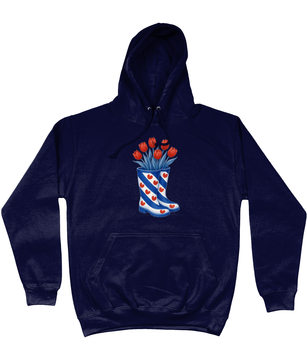 kleding met print van Friese vlag-laarzen gevuld met rode tulpen