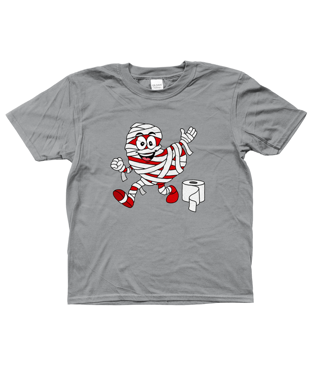 grijs kinder T-shirt met Pompy, het Friese pompeblêd, verkleed als mummie met wc-papier – Halloween design
