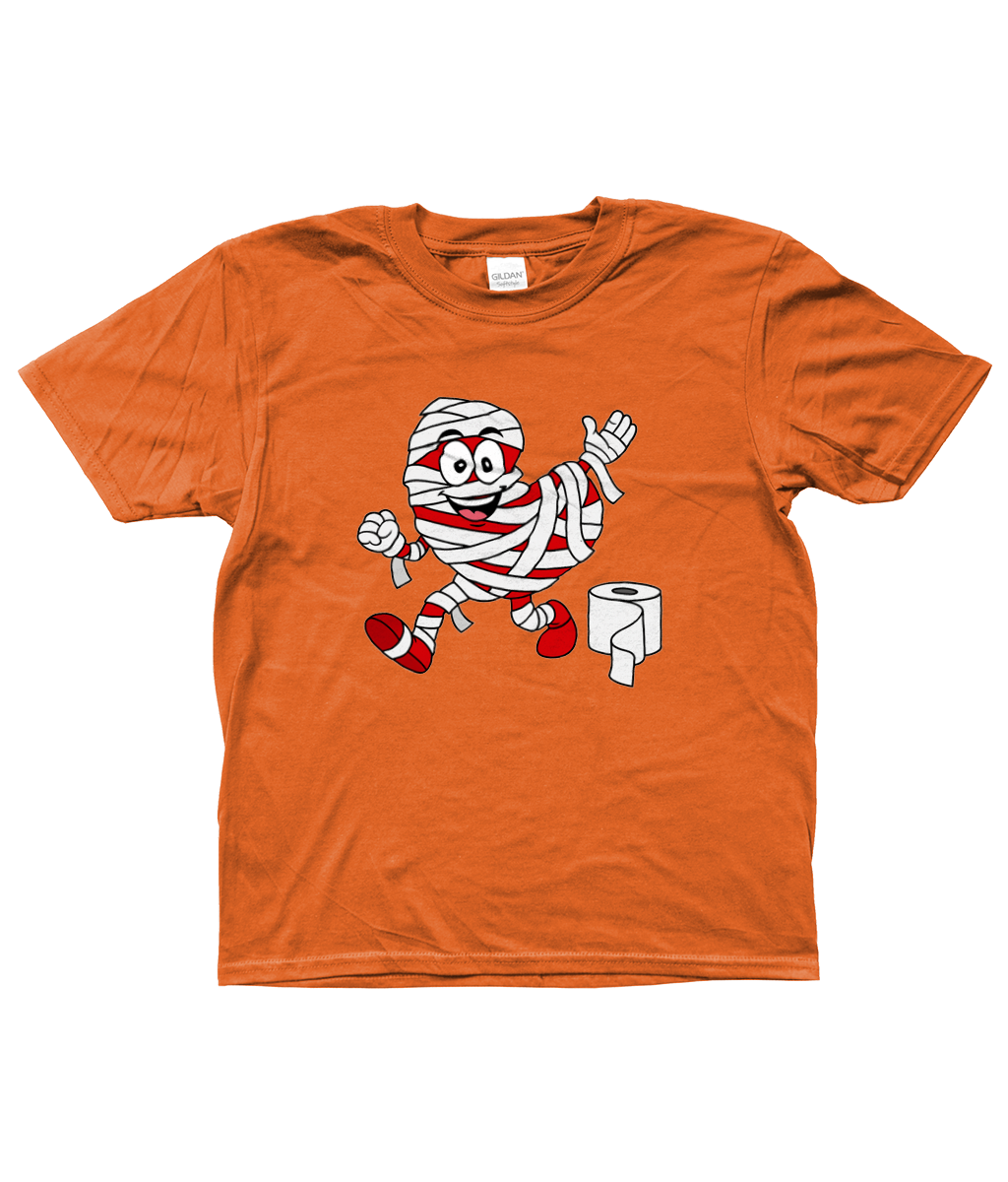 oranje kinder T-shirt met Pompy, het Friese pompeblêd, verkleed als mummie met wc-papier – Halloween design