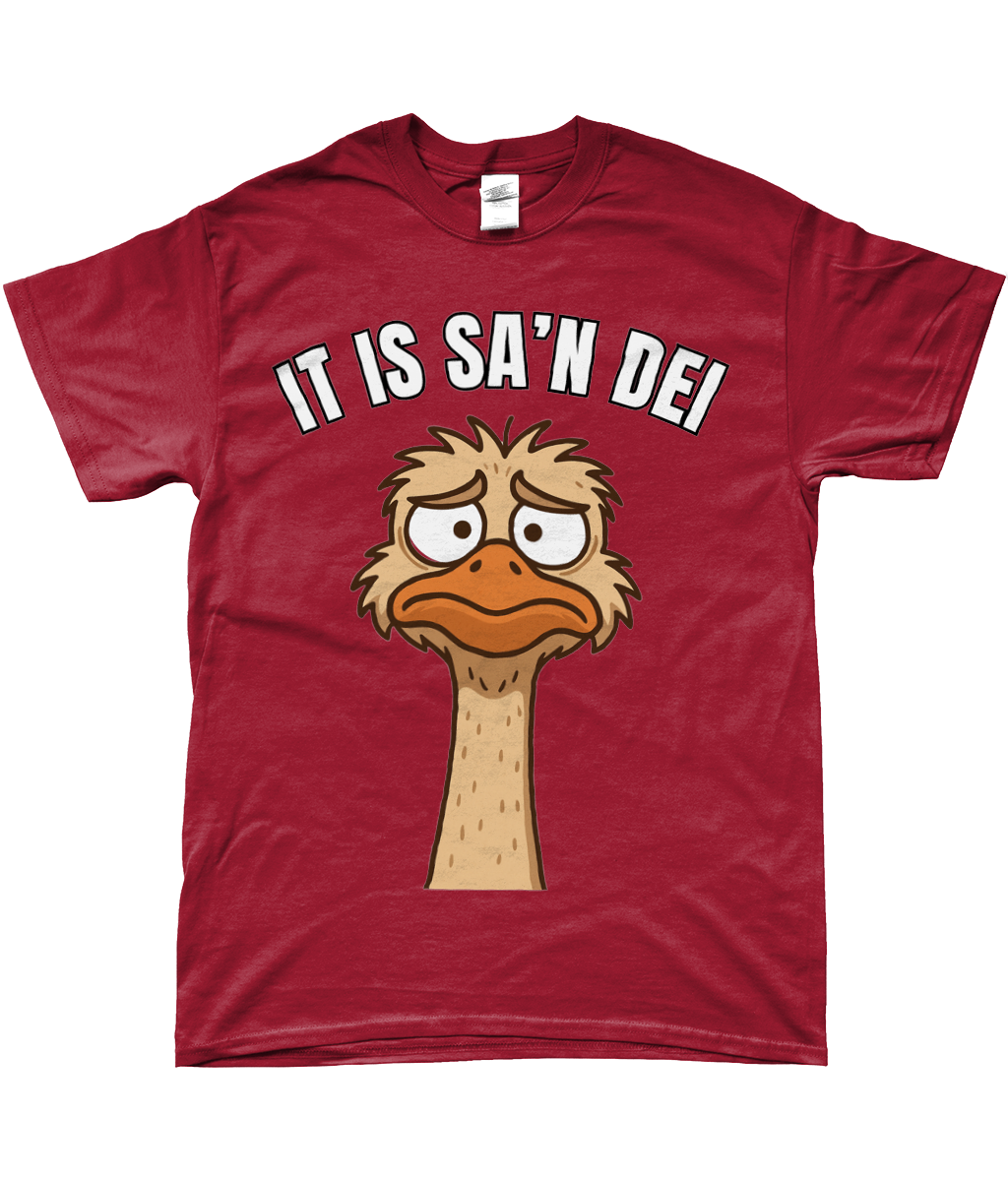Rood T-shirt met cartoon struisvogel en Friese tekst “It is sa’n dei” – grappig Fries design