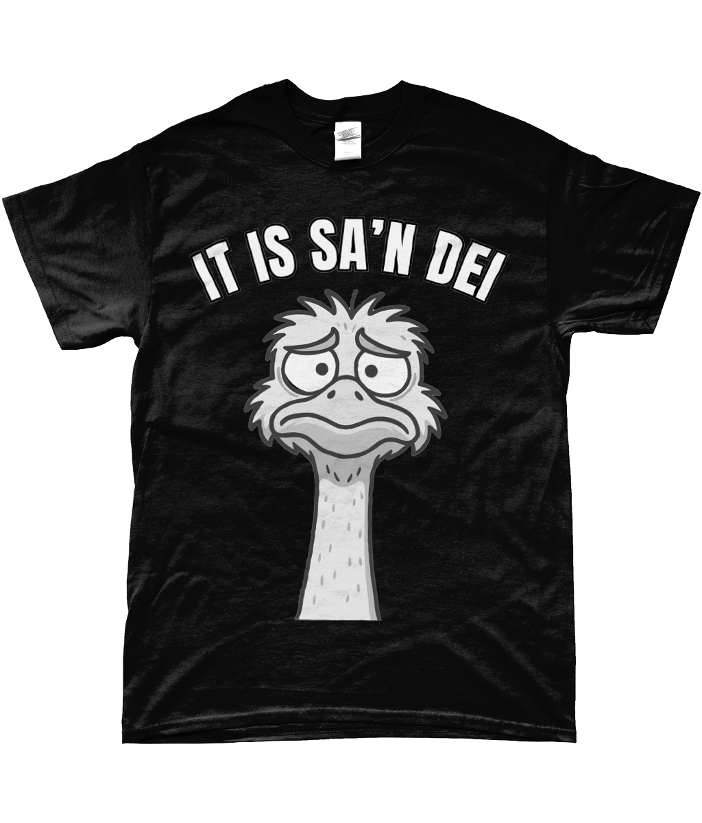 zwart T-shirt met cartoon struisvogel en Friese tekst “It is sa’n dei” – grappig Fries design