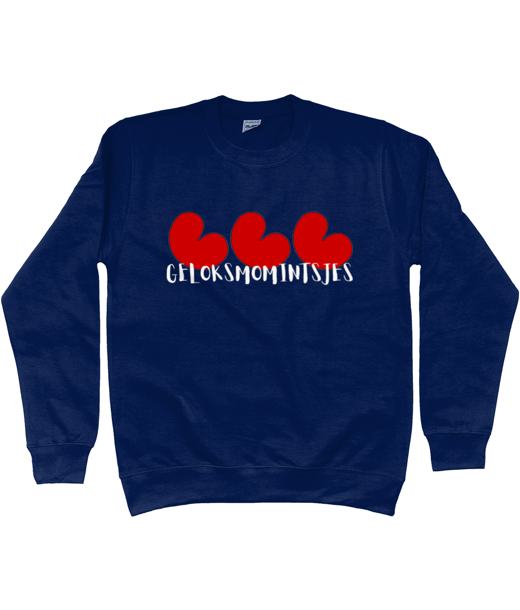 Friese sweater Geloksmomintsjes met pompeblêden in navy blauw – FrieseCreaties.nl