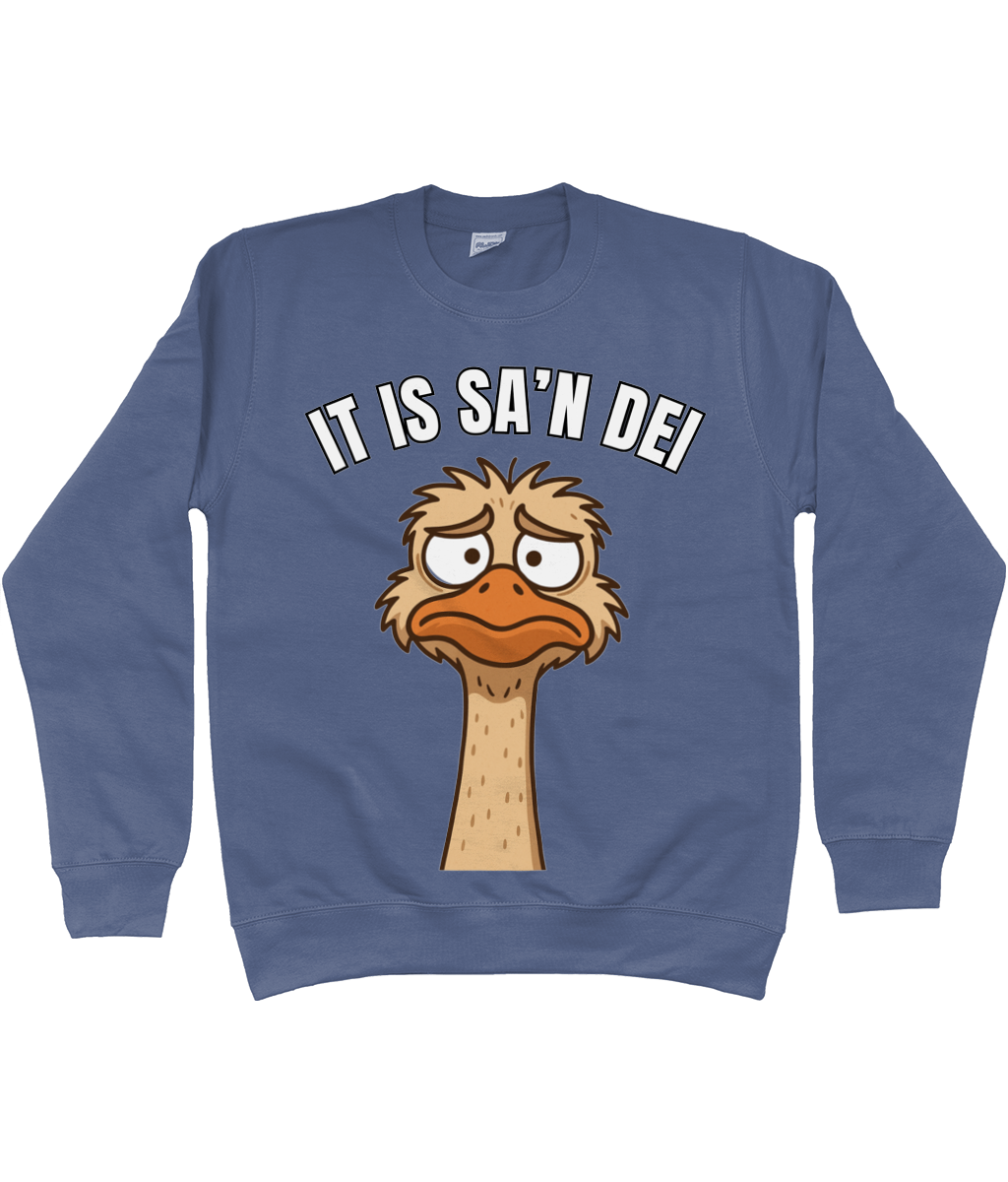 Sweater met cartoon struisvogel en Friese tekst “It is sa’n dei” – humoristisch Fries design