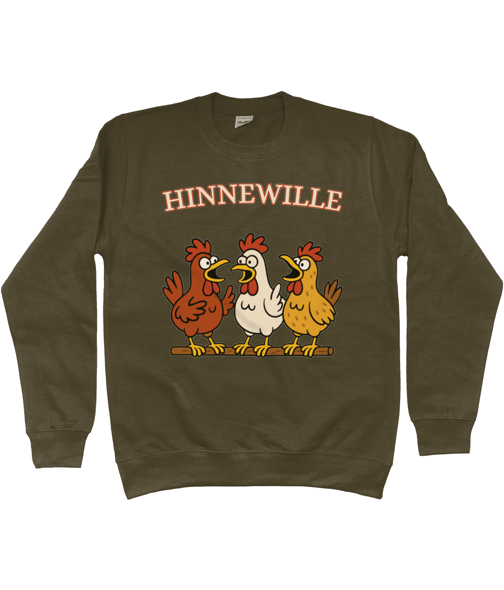 Warme sweater met vrolijk Fries design Hinnewille en drie kippen op een rij.