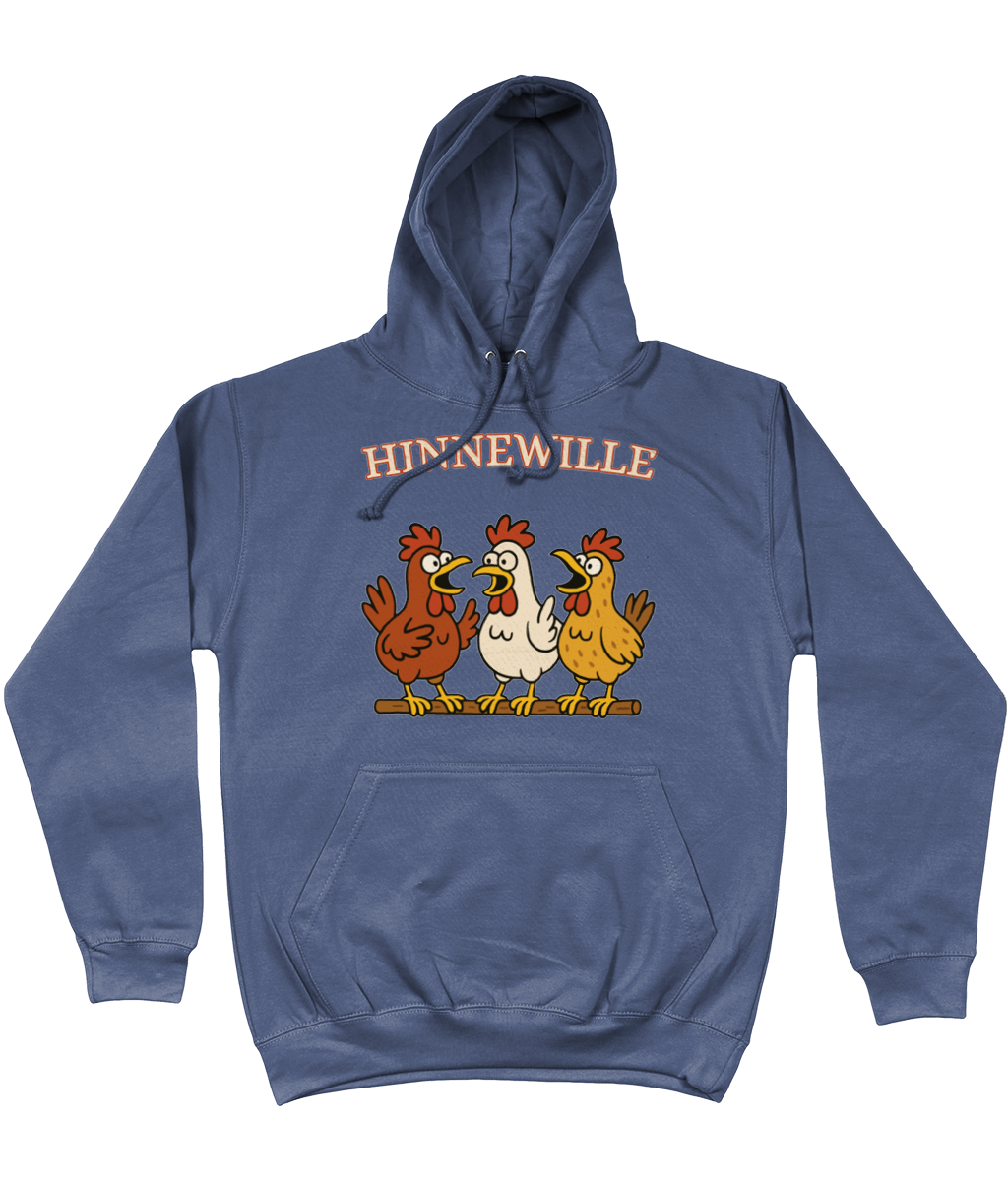 Comfy hoodie Hinnewille met cartoon kippen die gezellig kakelen.
