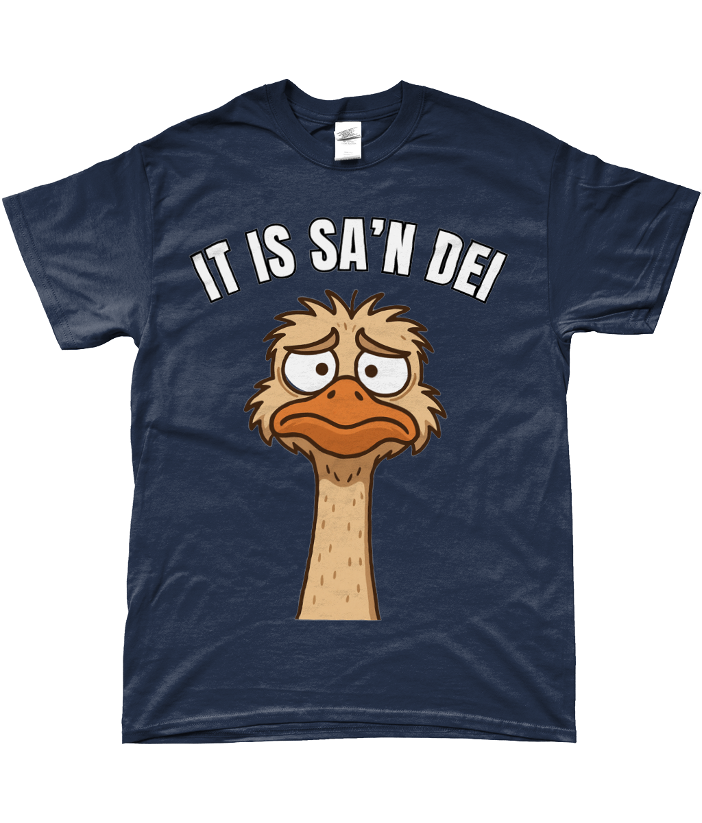 T-shirt met cartoon struisvogel en Friese tekst “It is sa’n dei” – grappig Fries design