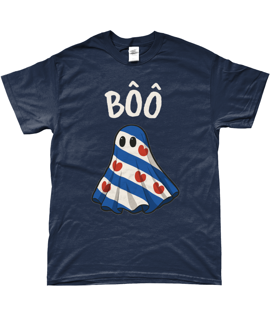 Fries T-shirt met spook en tekst Bôô – Halloween uit Fryslân