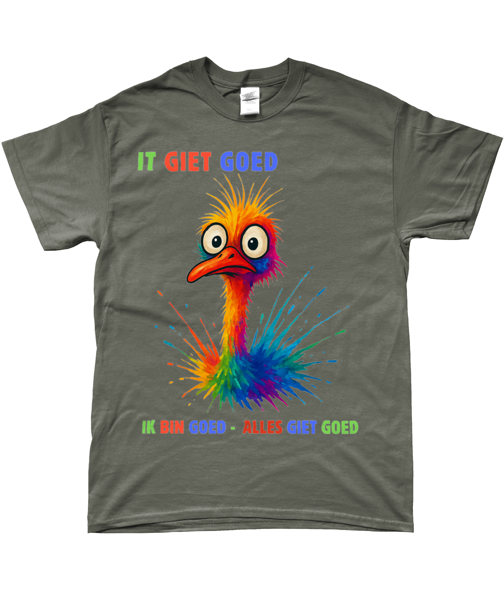 Groen T-shirt met kleurrijke struisvogel en Friese tekst It giet goed – Ik bin goed – Alles giet goed.