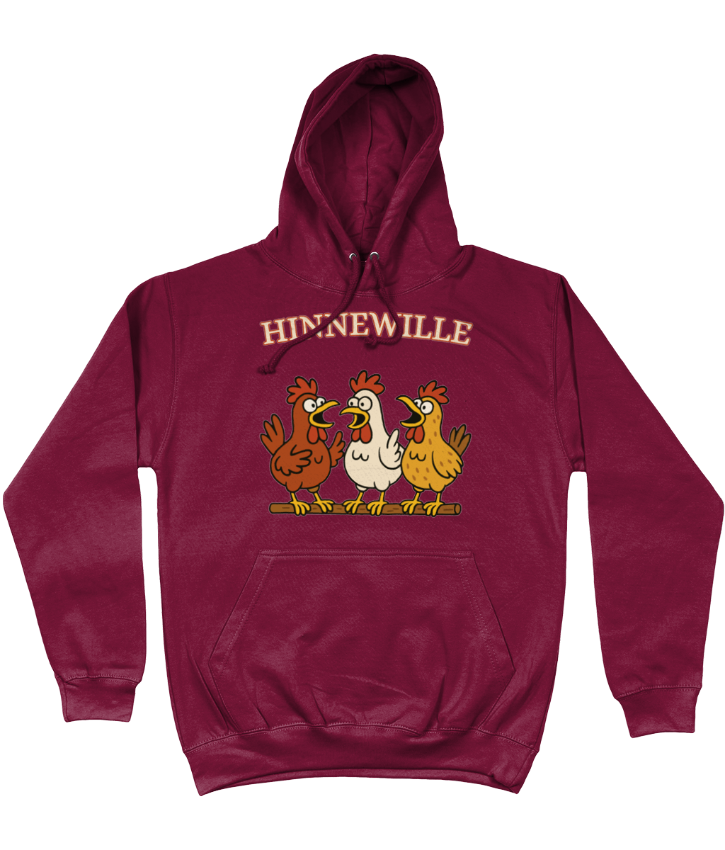 Comfy hoodie Hinnewille met cartoon kippen die gezellig kakelen.