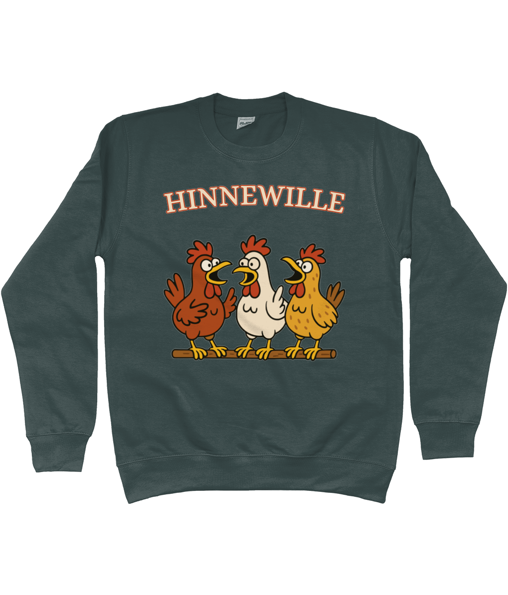 Warme sweater met vrolijk Fries design Hinnewille en drie kippen op een rij.