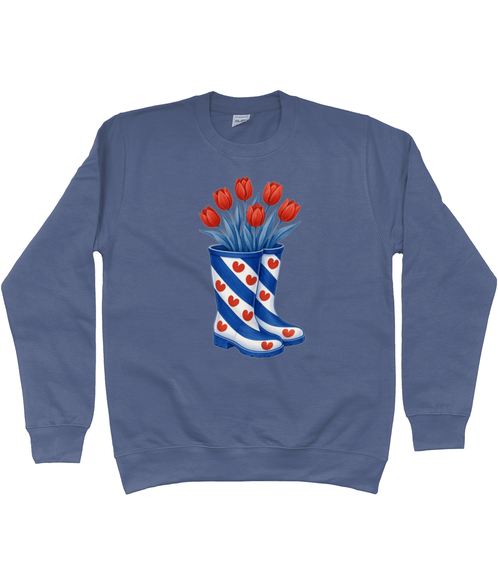 kleding met print van Friese vlag-laarzen gevuld met rode tulpen