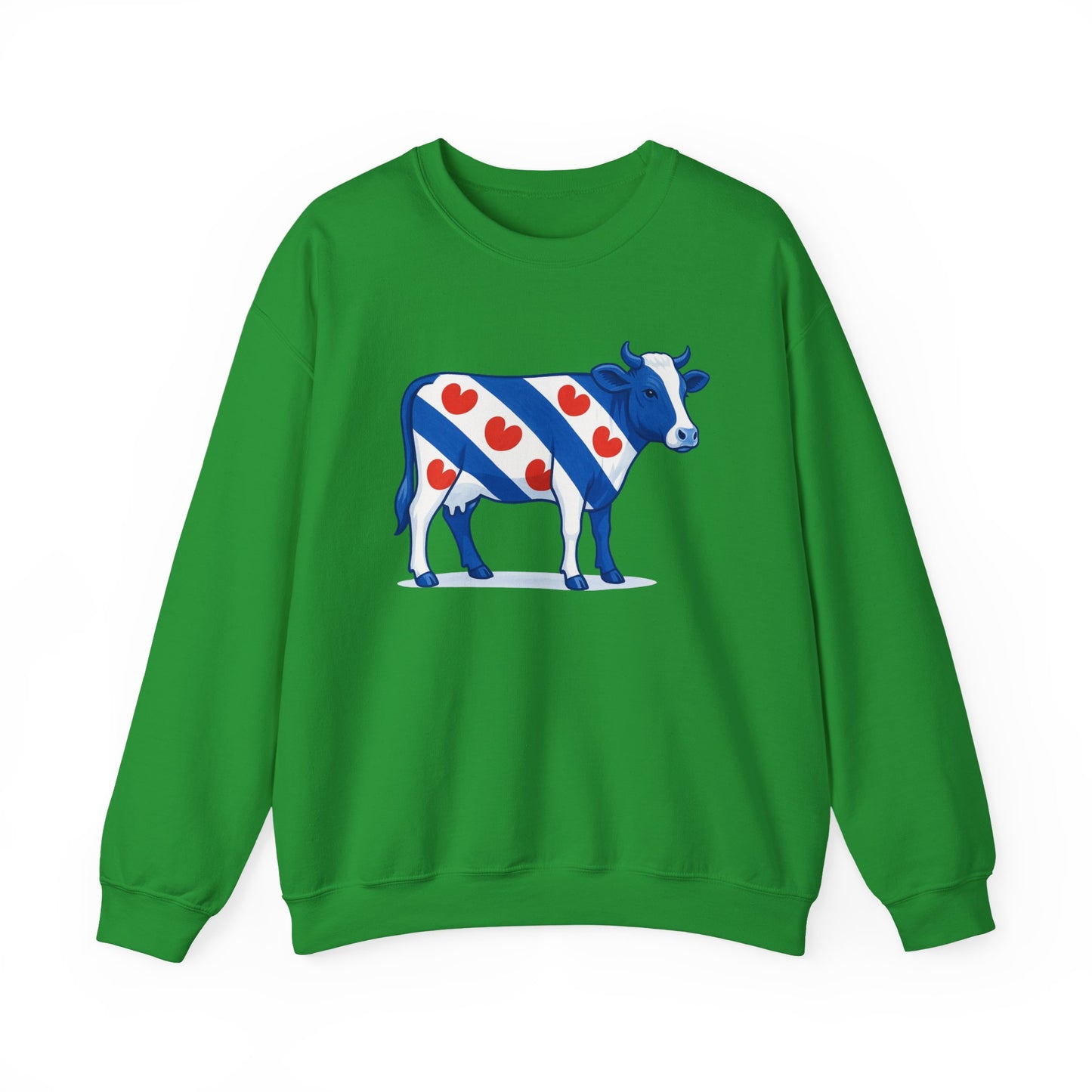 Groen sweatshirt met illustratie van een Friese koe in Friese vlag stijl met rode  pompeblêden