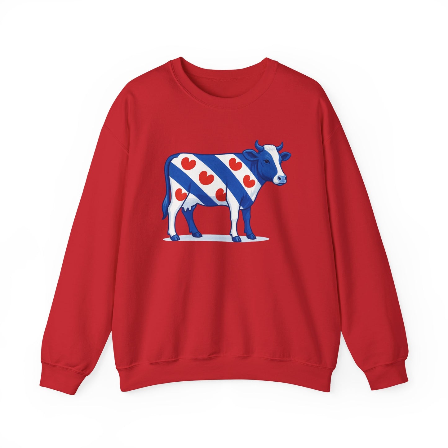 Rode sweatshirt met illustratie van een Friese koe in Friese vlag stijl met rode  pompeblêden
