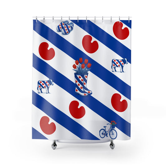 Fries Douchegordijn – Friese vlag stijl met koe, klompen en pompeblêden