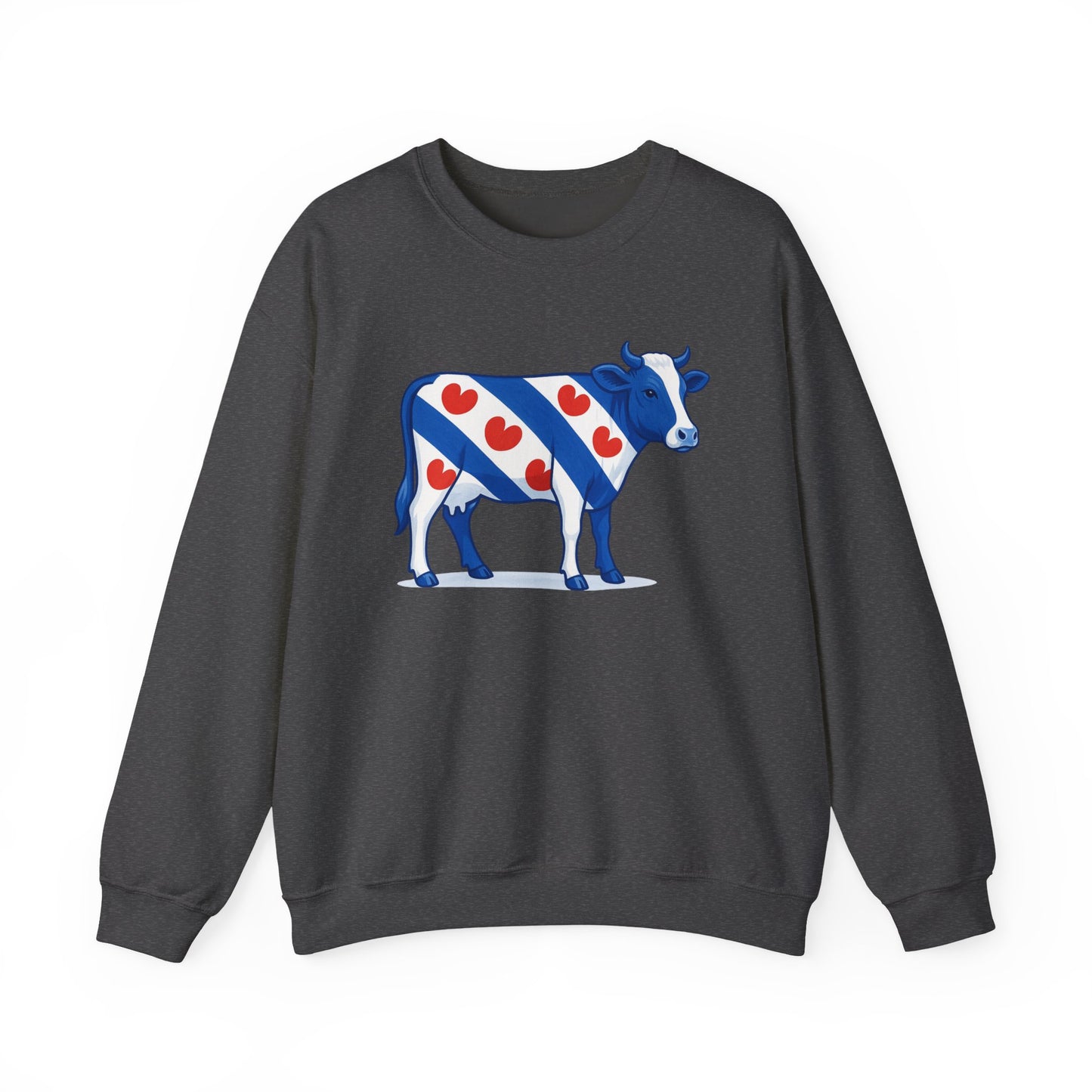 Grijze sweatshirt met illustratie van een Friese koe in Friese vlag stijl met rode  pompeblêden