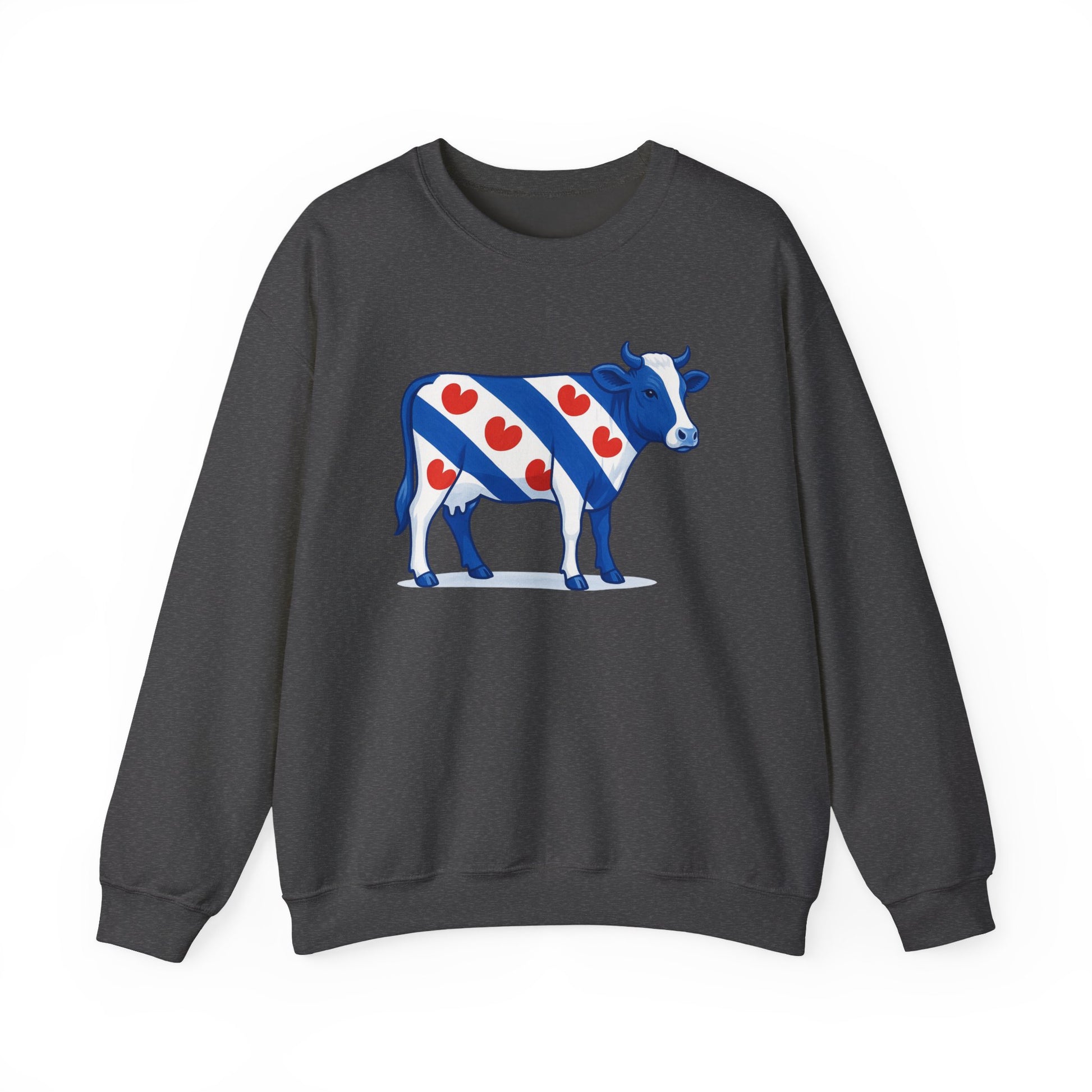 Grijze sweatshirt met illustratie van een Friese koe in Friese vlag stijl met rode  pompeblêden