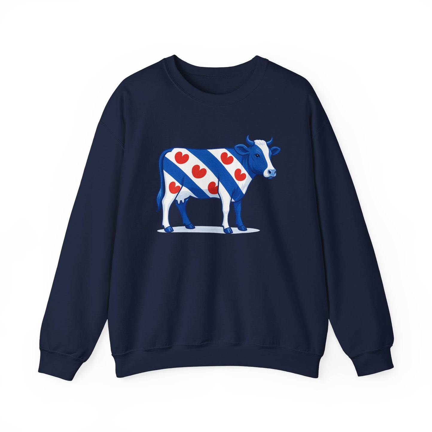 Navy sweatshirt met illustratie van een Friese koe in Friese vlag stijl met rode  pompeblêden
