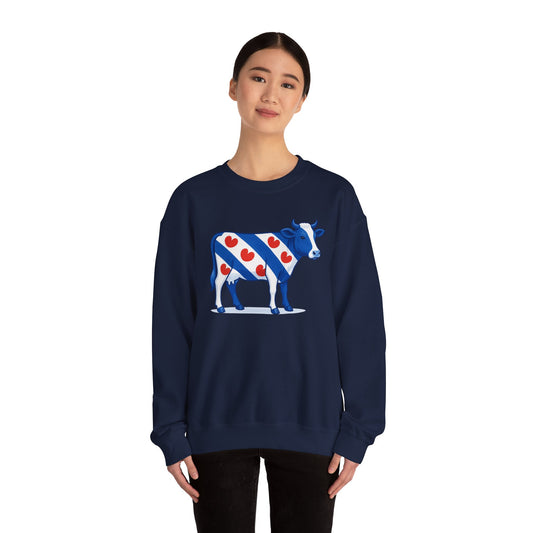 Navy sweatshirt met illustratie van een Friese koe in Friese vlag stijl met rode  pompeblêden