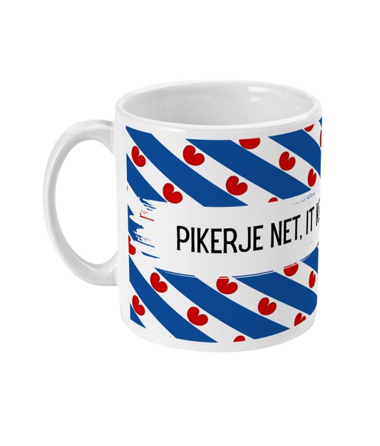 Witte mok met tekst Pikerje net it komt doch oars