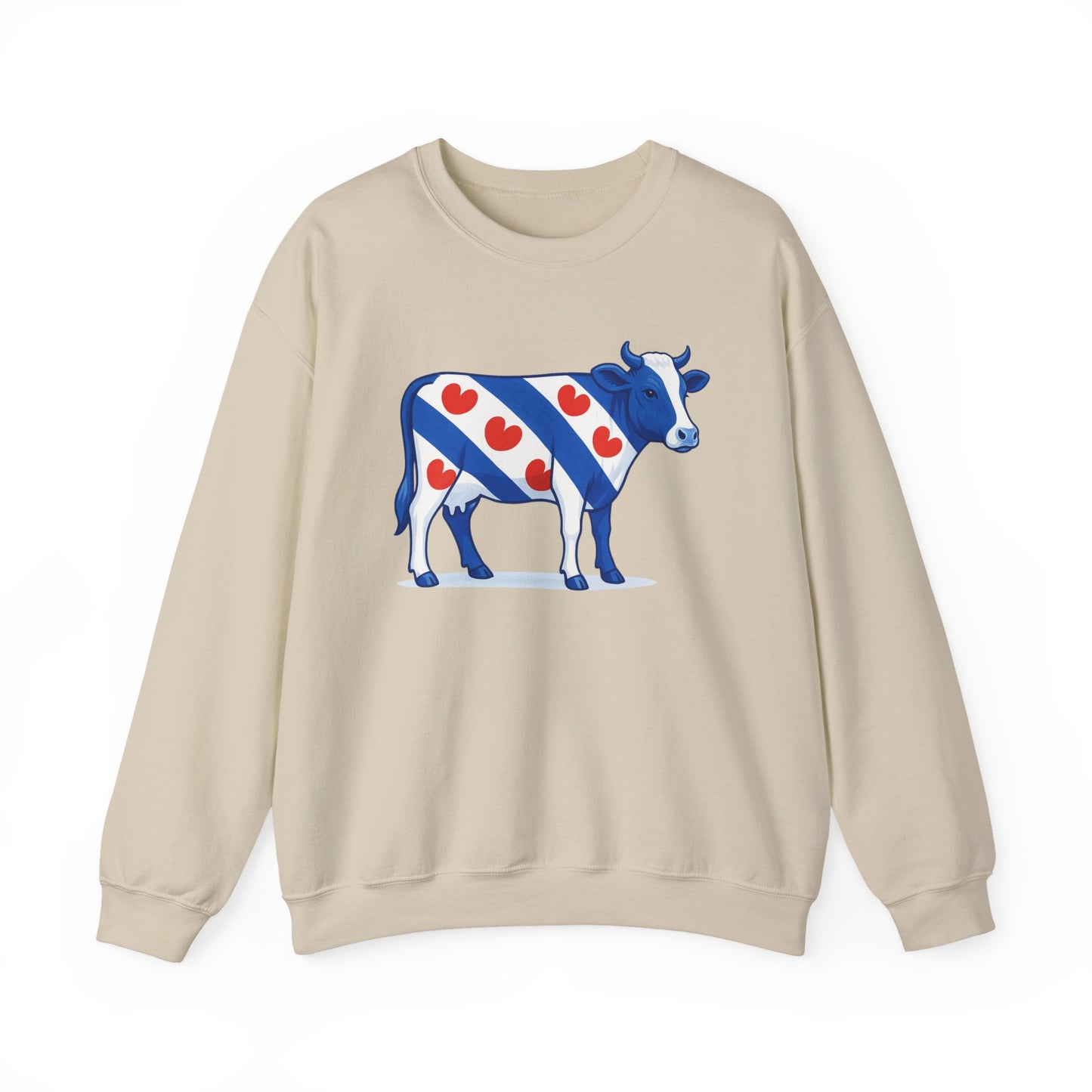 Beige sweatshirt met illustratie van een Friese koe in Friese vlag stijl met rode  pompeblêden
