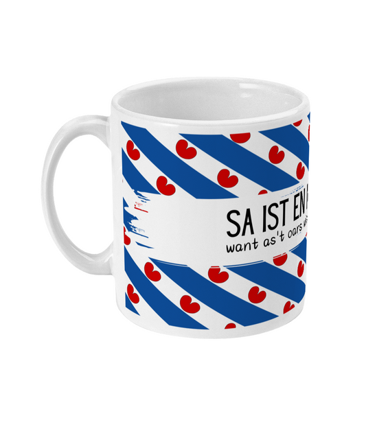 Witte mok met tekst Sa is it en net oars
