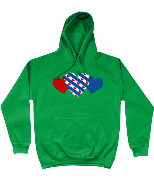 Groene hoodie met drie harten en tekst Fryslân