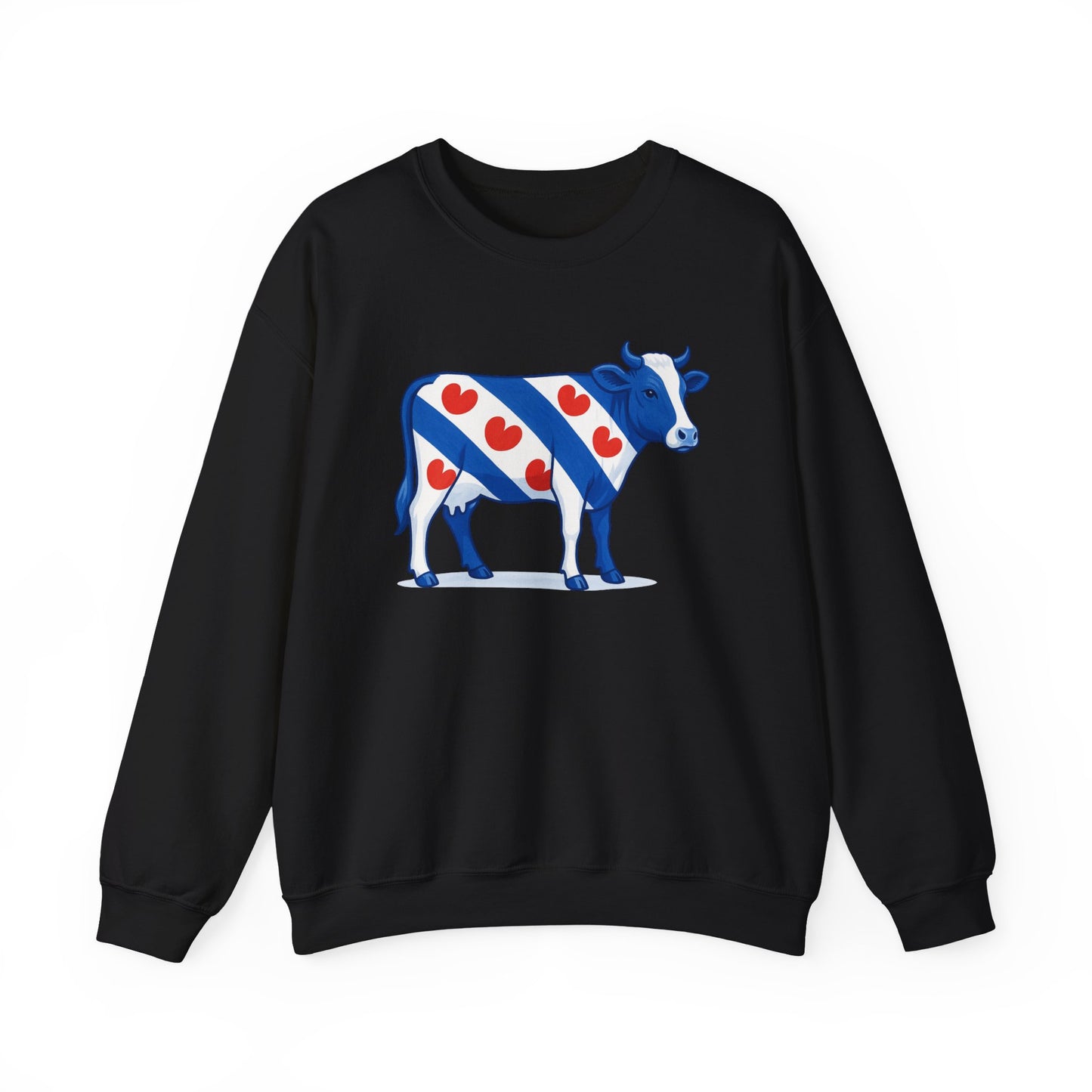 zwart sweatshirt met illustratie van een Friese koe in Friese vlag stijl met rode pompeblêden