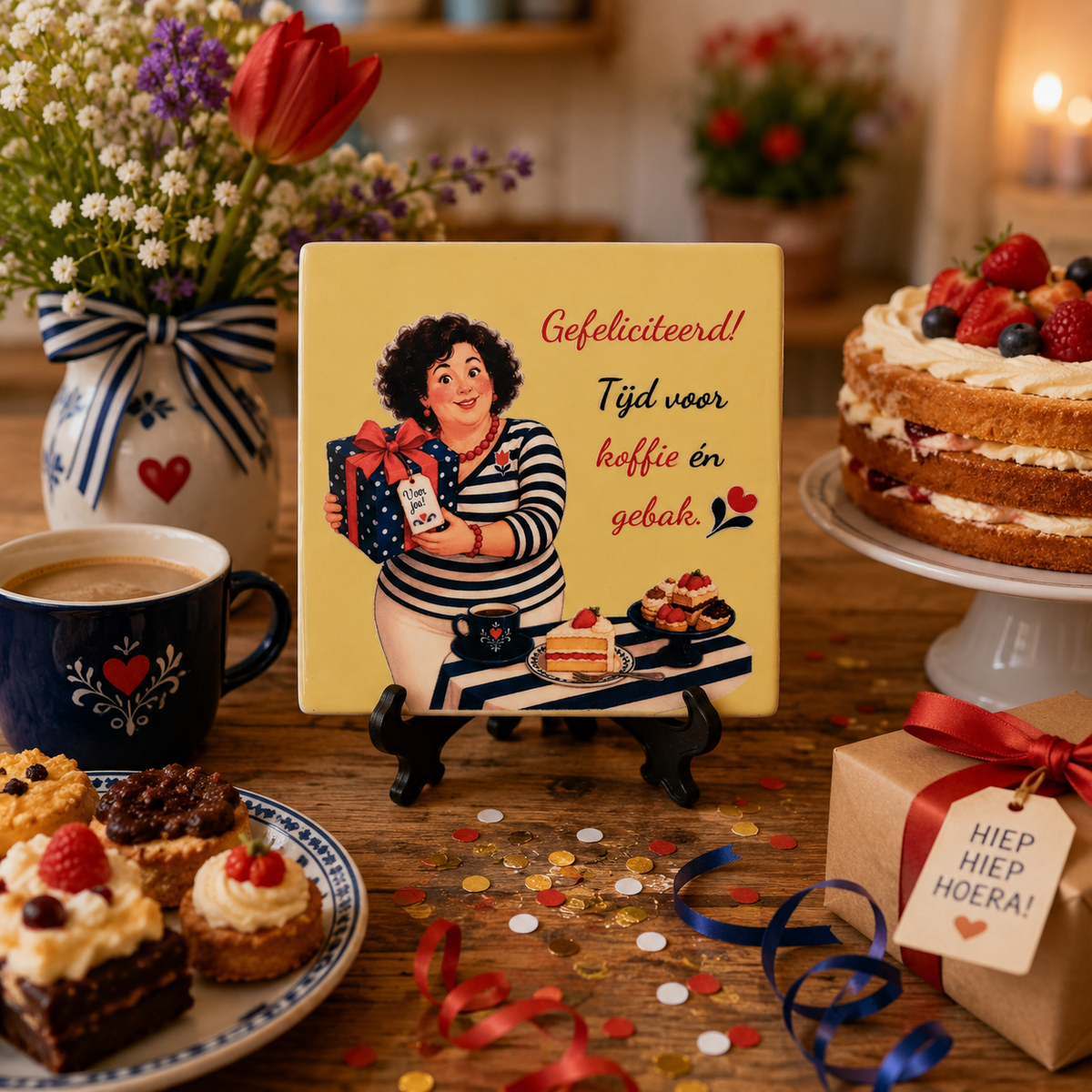 Crème felicitatietegeltje met Amarins, cadeautje, koffie en gebak en de tekst Gefeliciteerd Tijd voor koffie én gebak