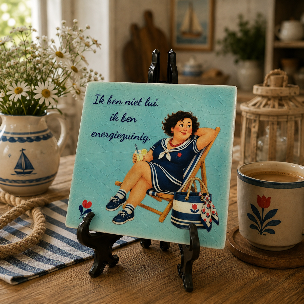 Blauw tegeltje met Amarins ontspannen in een stoel en de quote Ik ben niet lui ik ben energiezuinig