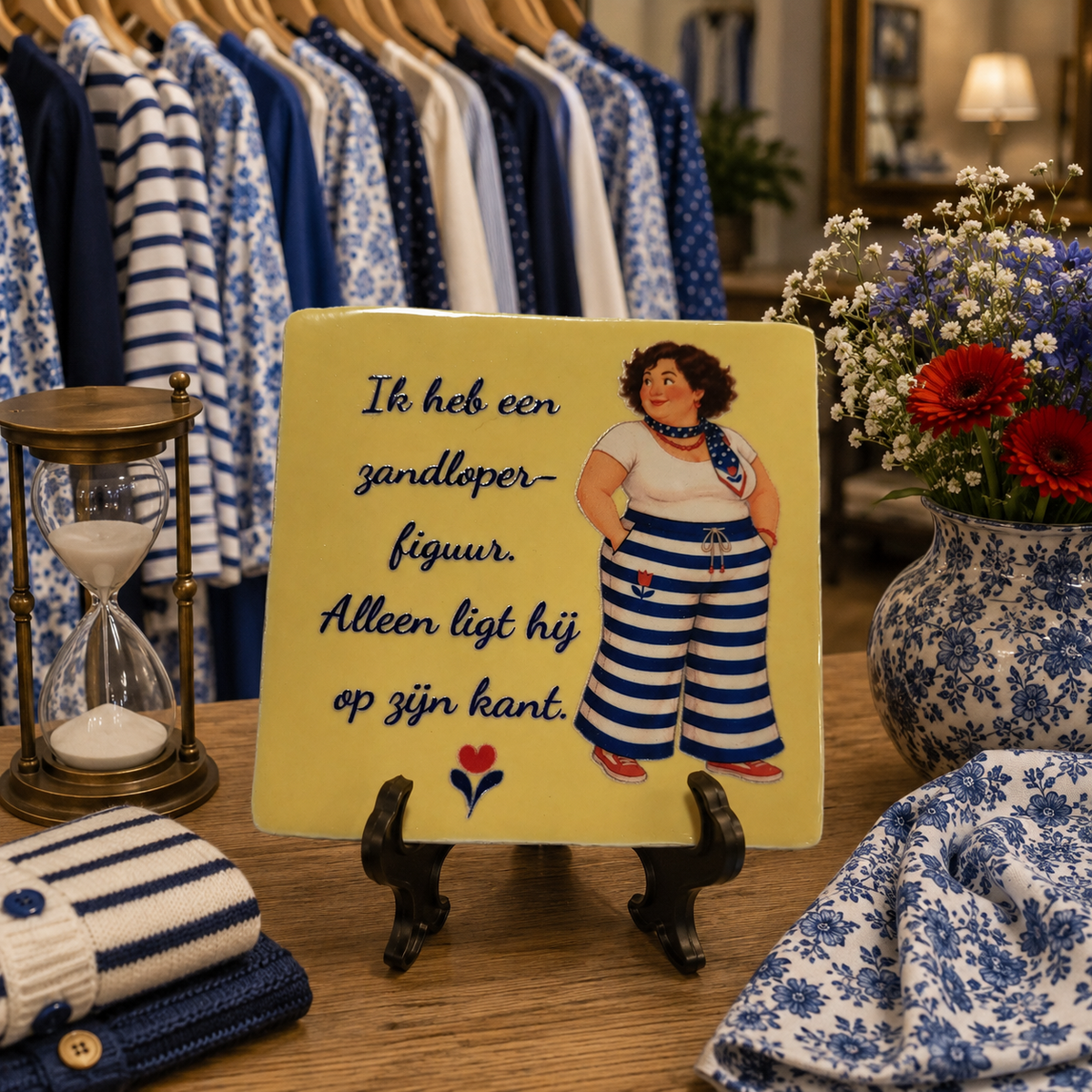 Crème tegeltje met Amarins en quote Ik heb een zandloperfiguur alleen ligt hij op zijn kant