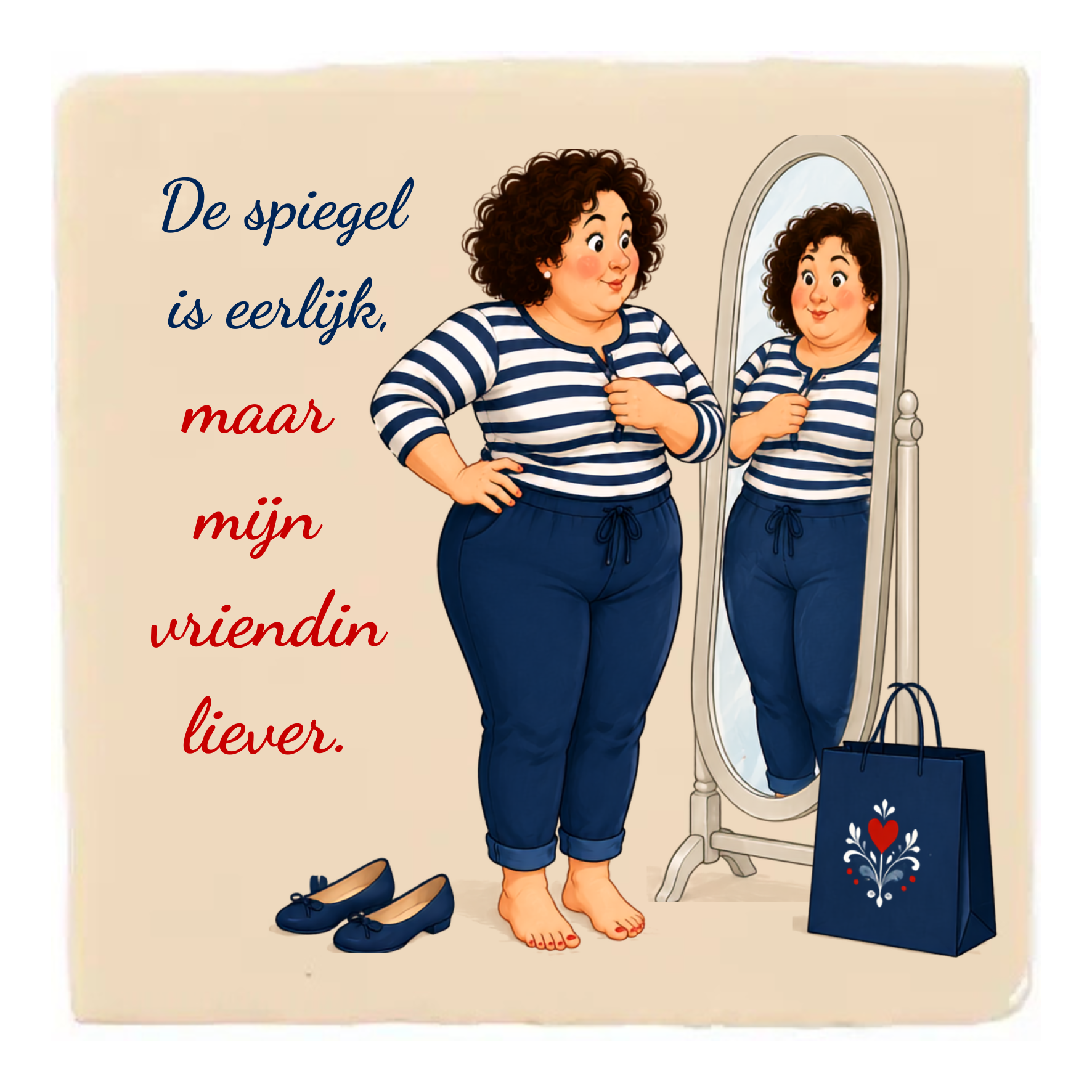 Keramisch tegeltje met UV-DTF reliëfsticker van Tryntsje uit De Dametjes van Fryslân met de quote 'De spiegel is eerlijk, maar mijn vriendin liever'.