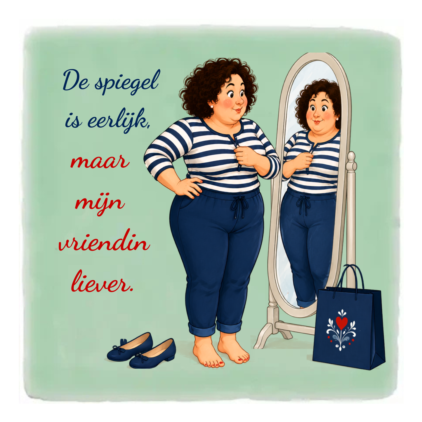 Keramisch tegeltje met UV-DTF reliëfsticker van Tryntsje uit De Dametjes van Fryslân met de quote 'De spiegel is eerlijk, maar mijn vriendin liever'.